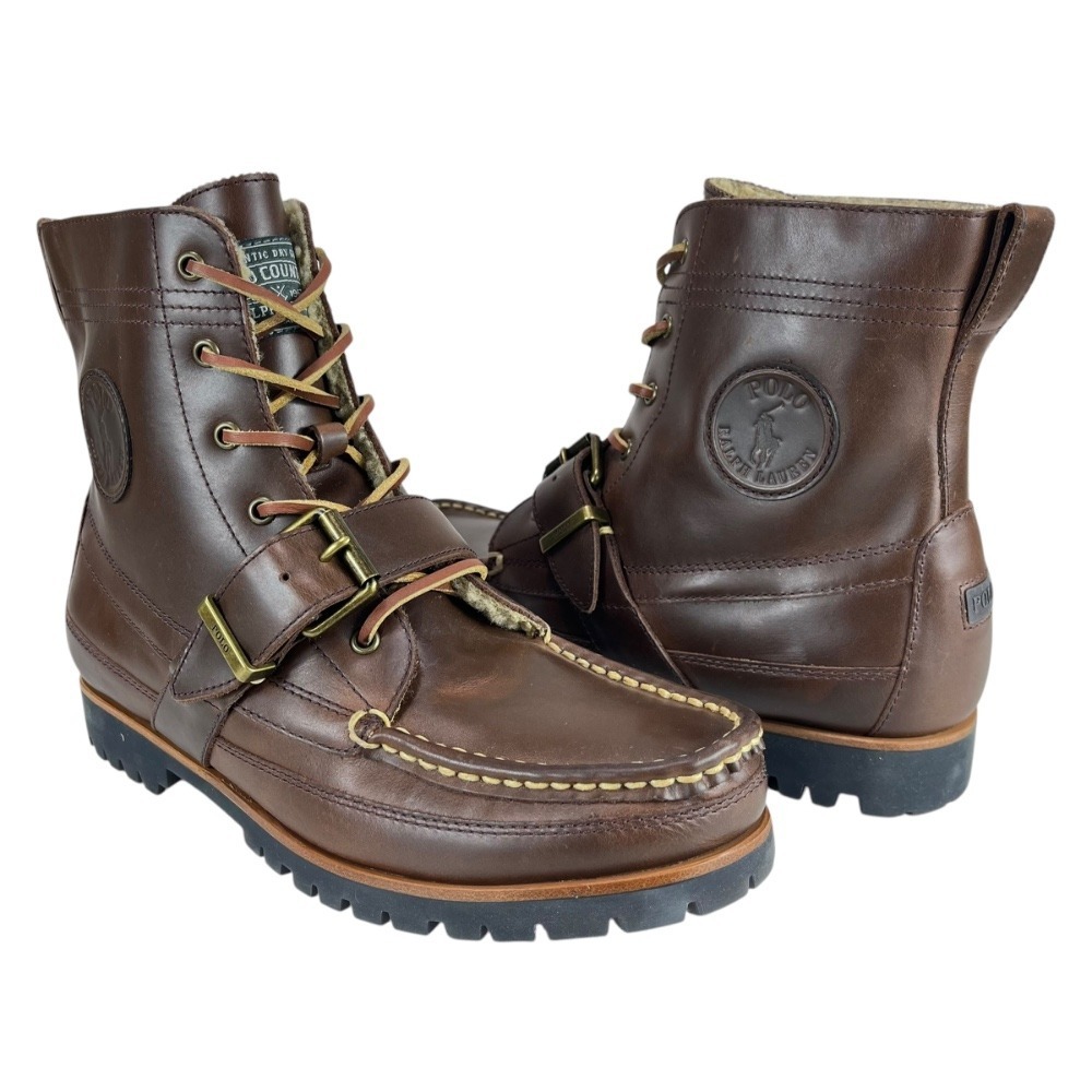Polo Ralph Lauren Men's 9 Brown Leather Ranger Boots w/ Strap Faux Shearling‎